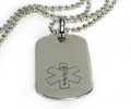 Sterling Silver Dog Tag with engraved medical Emblem.