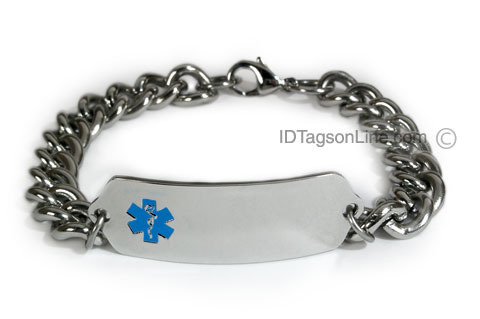 Medical ID Bracelet with wide chain and Blue Emblem - Click Image to Close