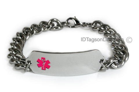Medical ID Bracelet with wide chain and Pink Emblem - Click Image to Close