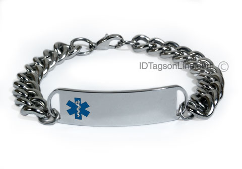 D- Style Medical ID Bracelet with wide chain and blue emblem. - Click Image to Close