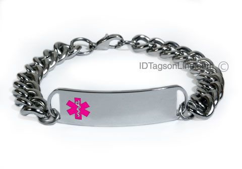D- Style Medical ID Bracelet with wide chain and pink emblem. - Click Image to Close