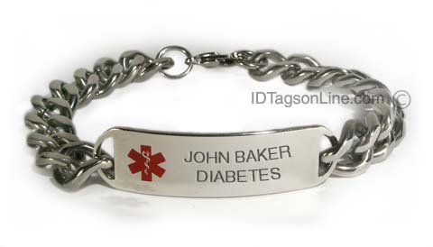 D- Style Medical ID Bracelet with wide chain and red emblem. - Click Image to Close