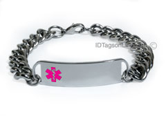 D- Style Medical ID Bracelet with wide chain and pink emblem.